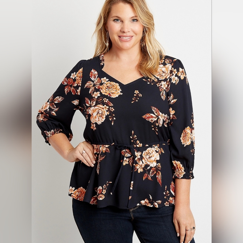 PLUS NWOT Maurices Navy Floral Peasant Top